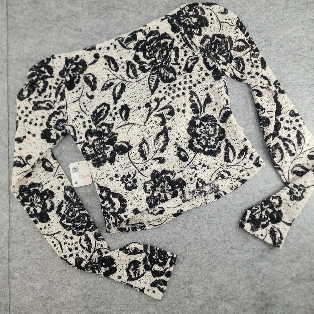 Free People Small | Cream Black Floral Lace Long Sleeve Cropped Square Neck Top